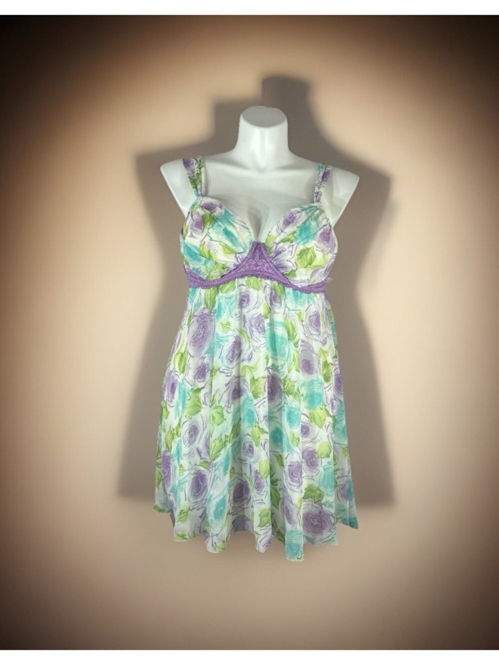 2 PC FASHION BUG Floral Semi Sheer Halter Babydoll Chemise 2X Lilac Pastels New